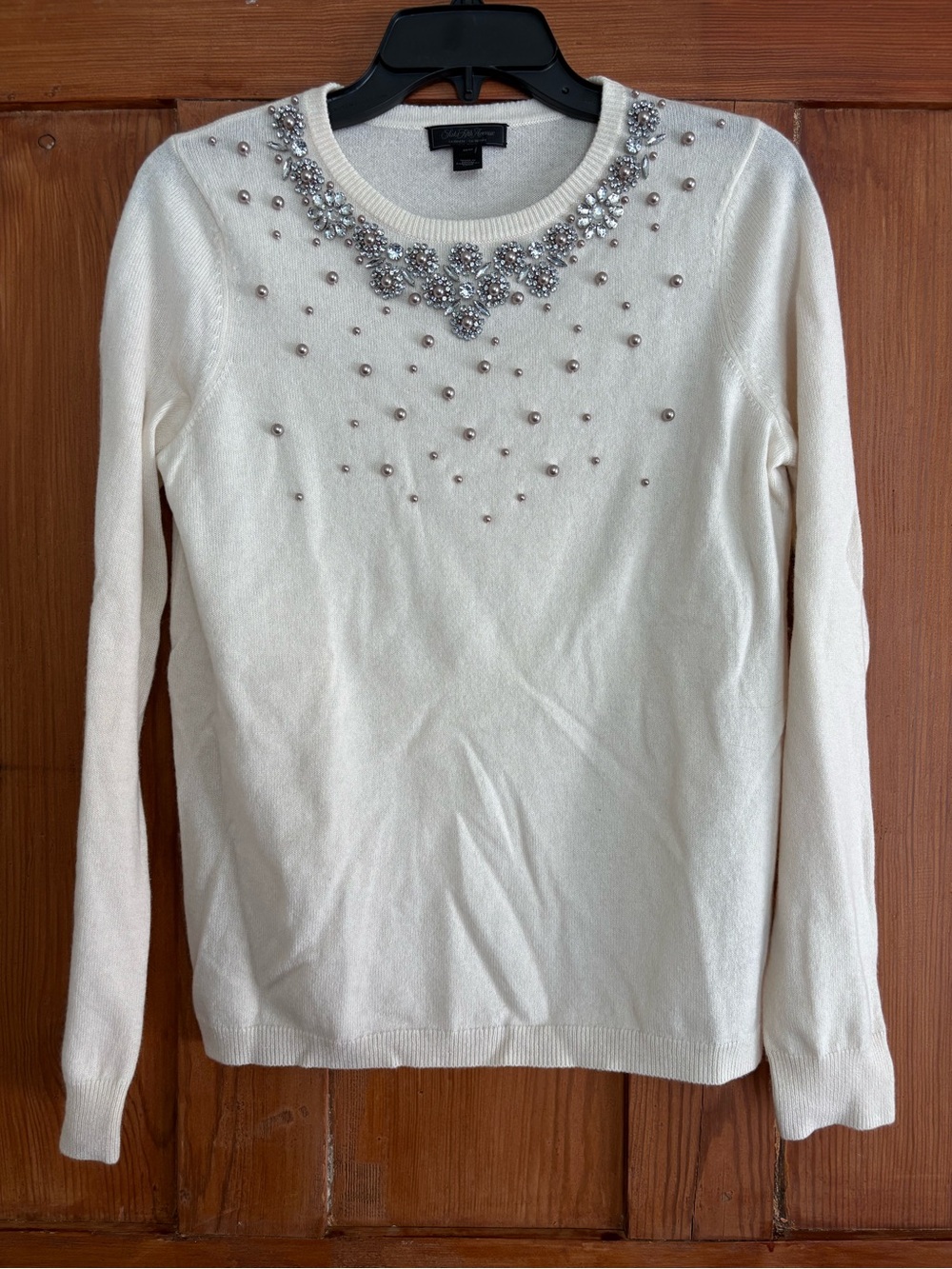 Saks Fifth Avenue Cream Cashmere Sweater Rhinestones Costume Pearls Jewels M